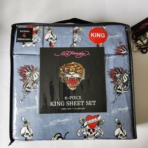 Ed Hardy King Size Sheet Set 6 Pieces Blue Skull Dagger Love Kills Slowly Tattoo